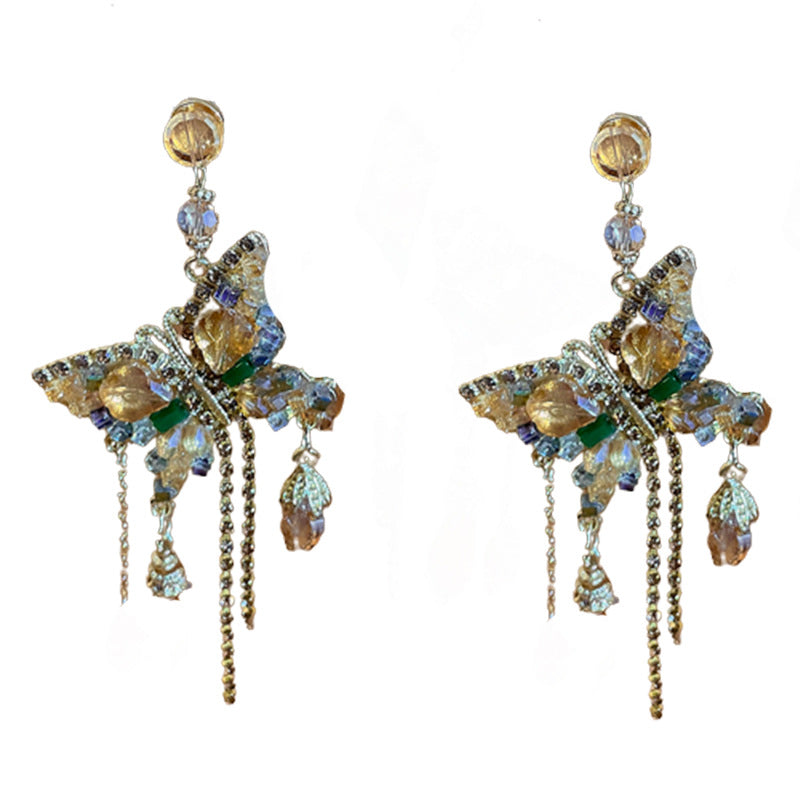 Gilded Wings: Crystal Butterfly Tassel Earrings